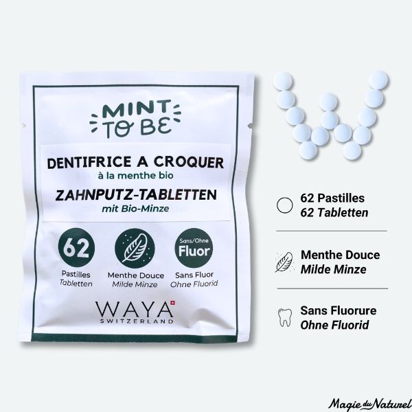 Dentifrice à croquer à la menthe douce (62 pastilles) - SANS fluor l Waya Cosmetics l La Magie du Naturel l SUISSE